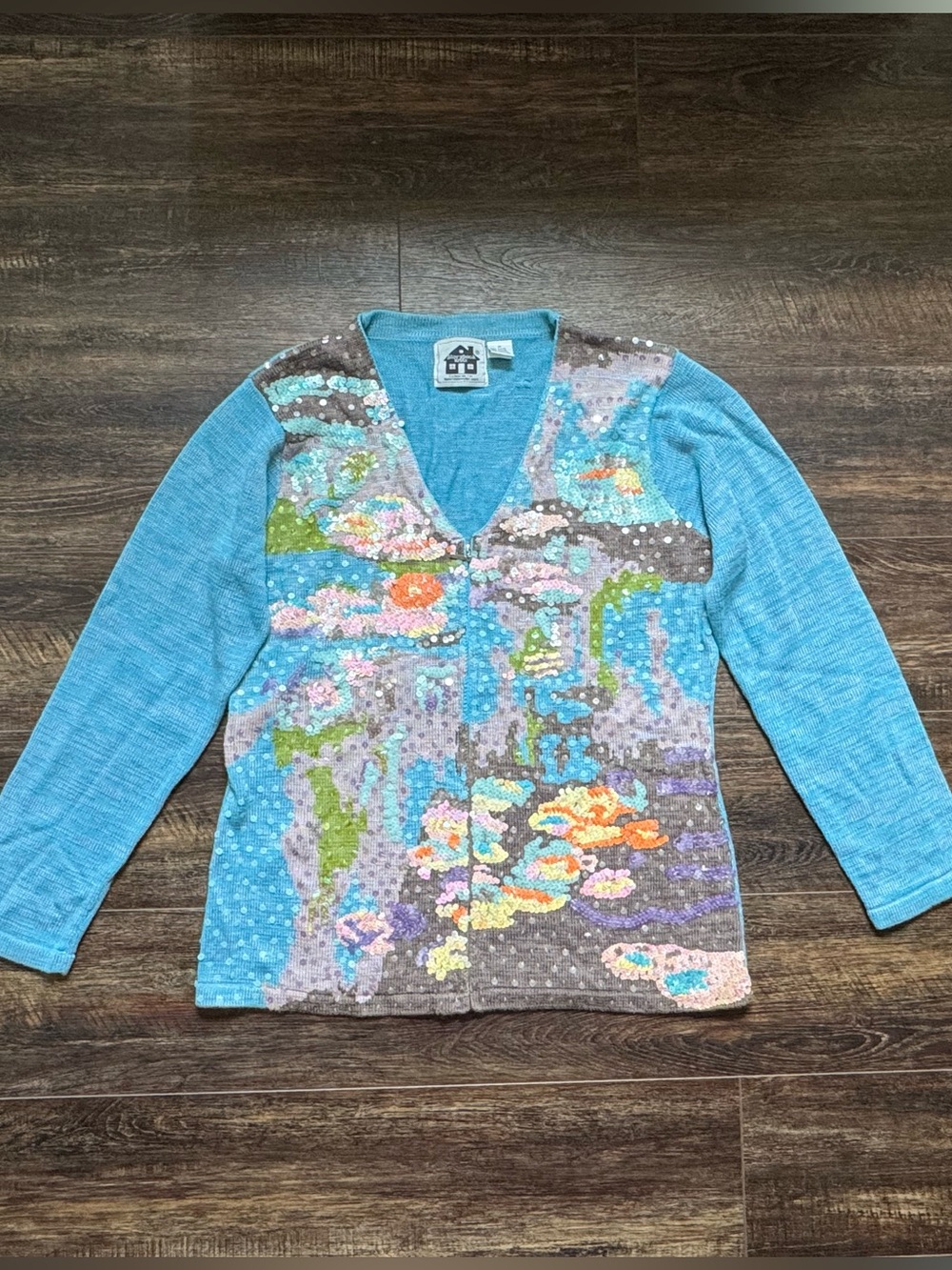 Storybook Knits Cardigan Sweater Sequin Art M
